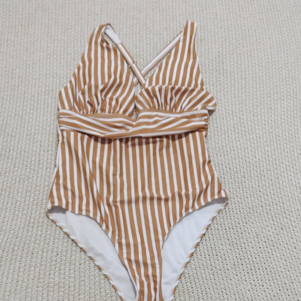 SHEIN White and Tan Striped One-Piece Swimsuit